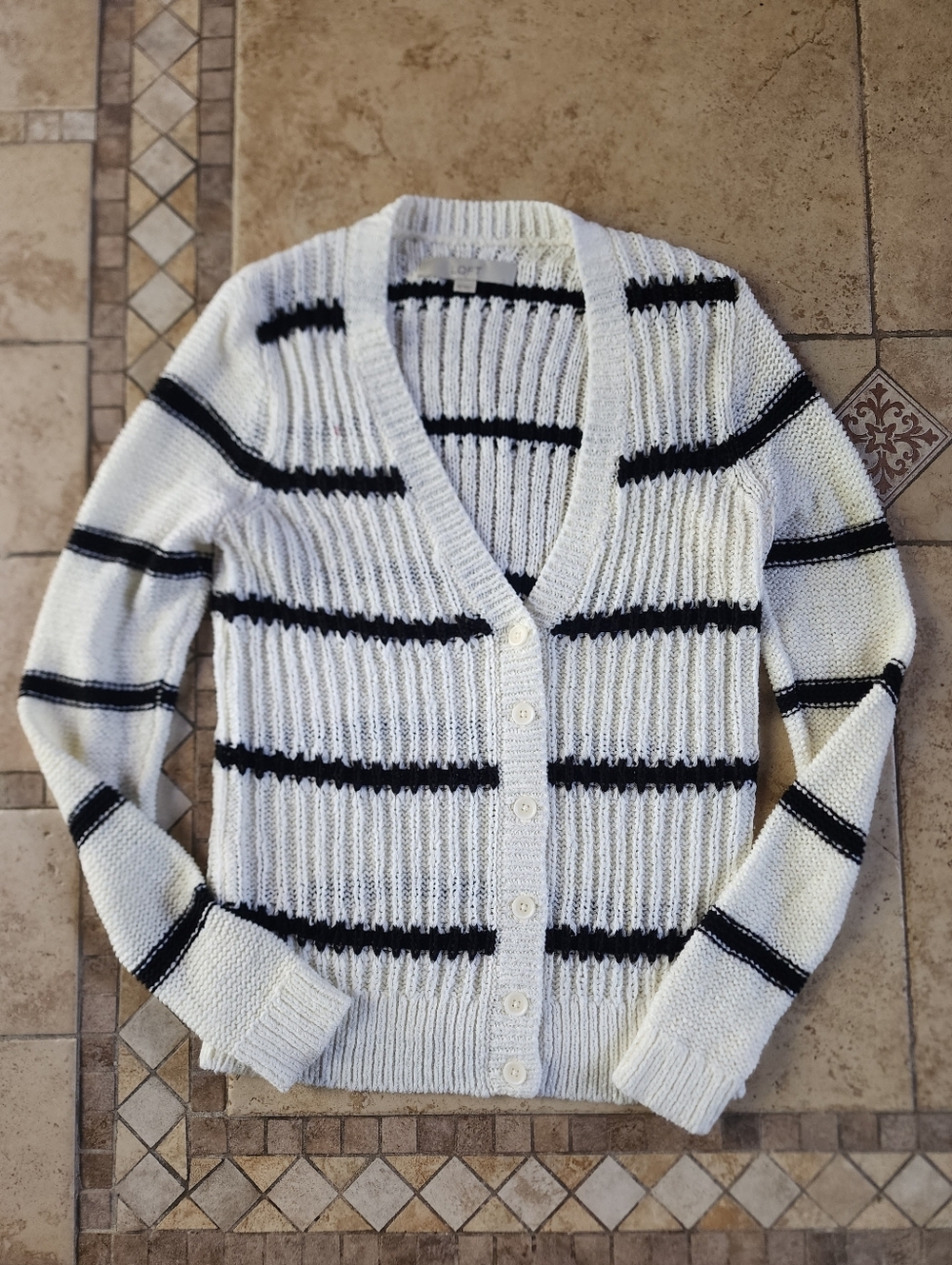 LOFT White & Black Striped V-Neck Button Cardigan